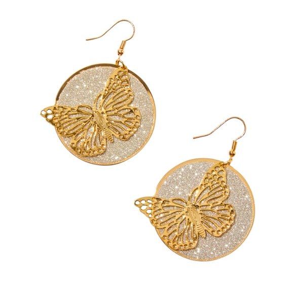 Gold-tone Filigree Butterfly Glitter Disc 2.5" Drop Earrings - NWT - Picture 1 of 2